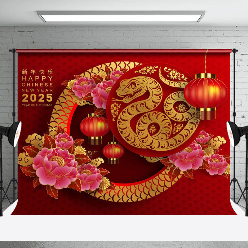 Aperturee - Aperturee Snake Flowers Red Chinese New Year Party Backdrop