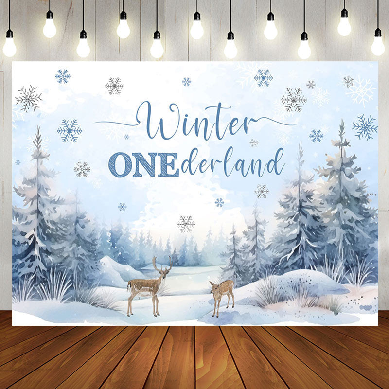 Aperturee - Aperturee Snow Forest Deer Winter Onederland Birthday Backdrop