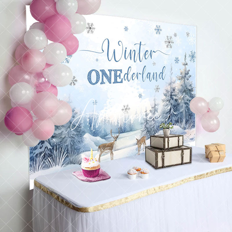 Aperturee - Aperturee Snow Forest Deer Winter Onederland Birthday Backdrop