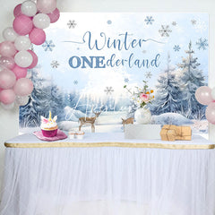 Aperturee - Aperturee Snow Forest Deer Winter Onederland Birthday Backdrop