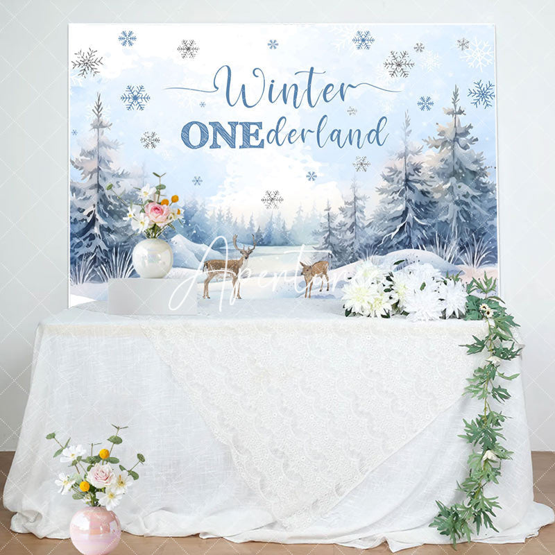 Aperturee - Aperturee Snow Forest Deer Winter Onederland Birthday Backdrop