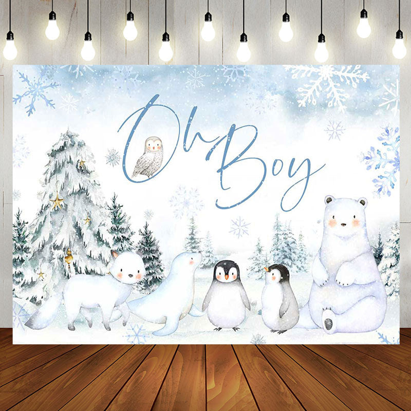 Aperturee - Aperturee Snow Forest Safari Animal Oh Boy Baby Shower Backdrop