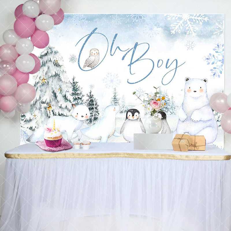 Aperturee - Aperturee Snow Forest Safari Animal Oh Boy Baby Shower Backdrop