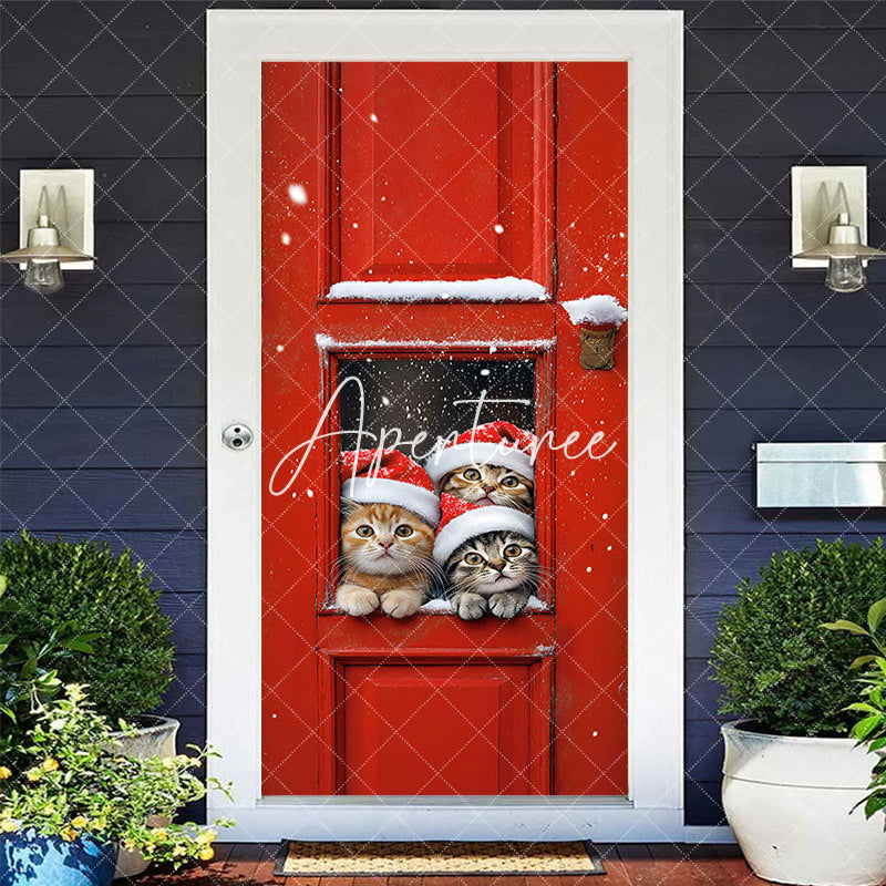 Aperturee - Aperturee Snow Red Door Santa Cat Christmas Tree Door Cover