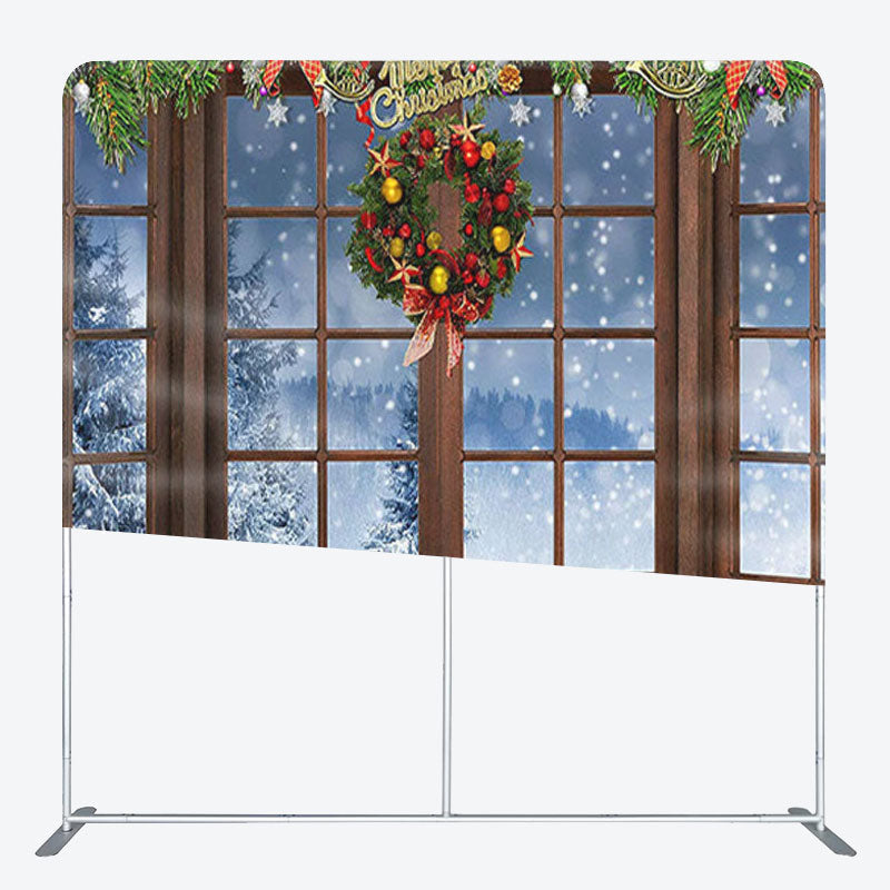 Aperturee - Aperturee Snow Scene Brown Wood Window Christmas Backdrop Cover