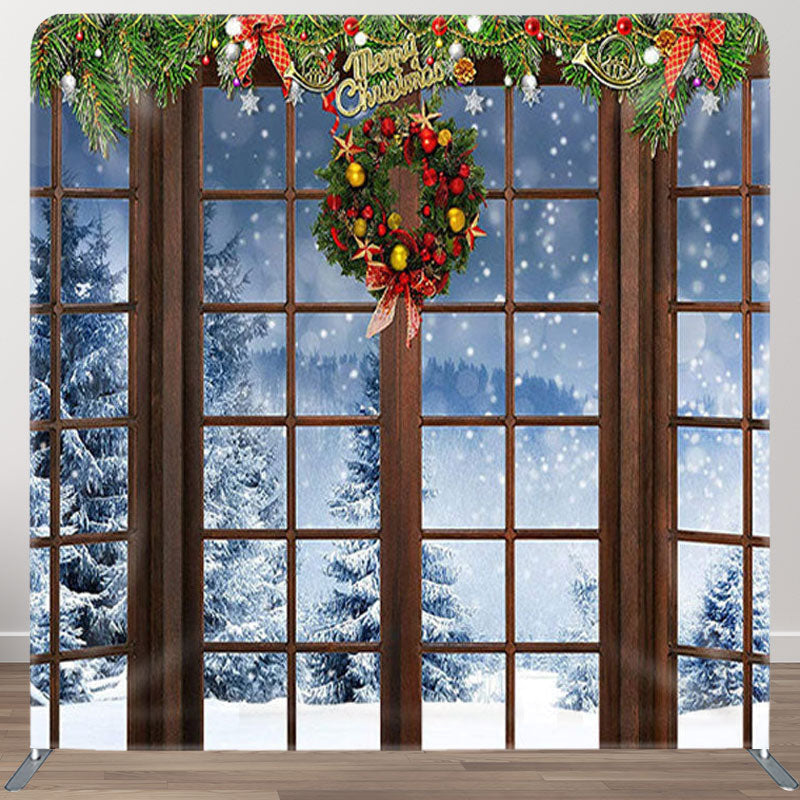 Aperturee - Aperturee Snow Scene Brown Wood Window Christmas Backdrop Cover