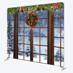 Aperturee - Aperturee Snow Scene Brown Wood Window Christmas Backdrop Cover