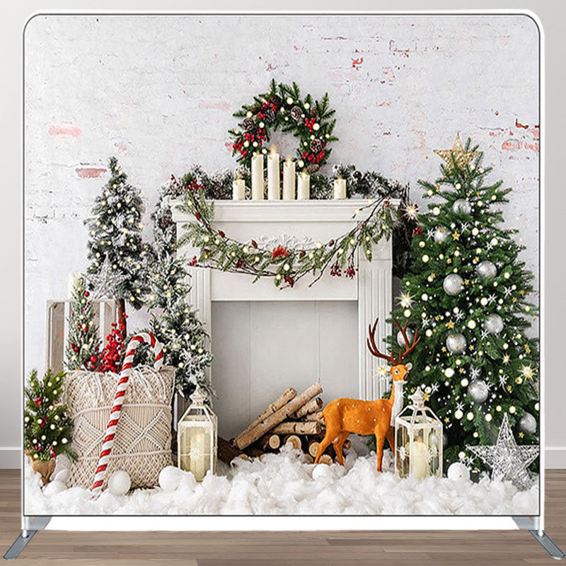 Aperturee - Aperturee Snow Tree Elk Brick Fireplace Christmas Backdrop