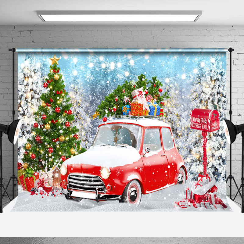 Aperturee - Aperturee Snowfall Field Red Car Tree Merry Christmas Backdrop