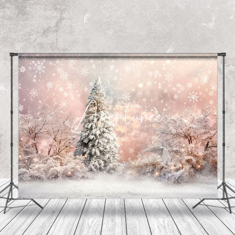 Aperturee - Aperturee Snowflake Pine Tree Pink Winter Photography Backdrop