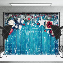 Aperturee - Aperturee Snowflakes Gift Boxes Blue Wood Christmas Backdrop