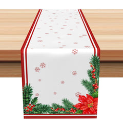 Aperturee - Aperturee Snowflakes Poinsettia Cherry White Xmas Table Runner