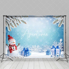 Aperturee - Aperturee Snowflakes Snowman Gifts Blue Christmas Backdrop