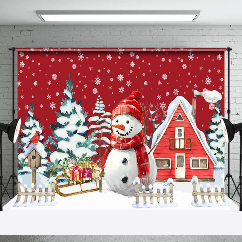 Aperturee - Aperturee Snowman House Red Painting Christmas Photo Backdrop