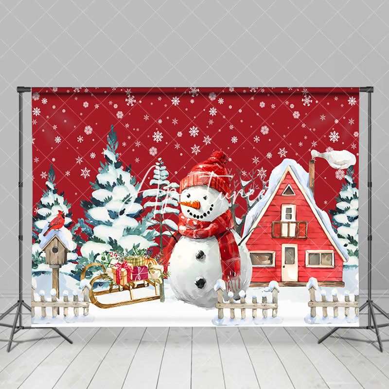 Aperturee - Aperturee Snowman House Red Painting Christmas Photo Backdrop