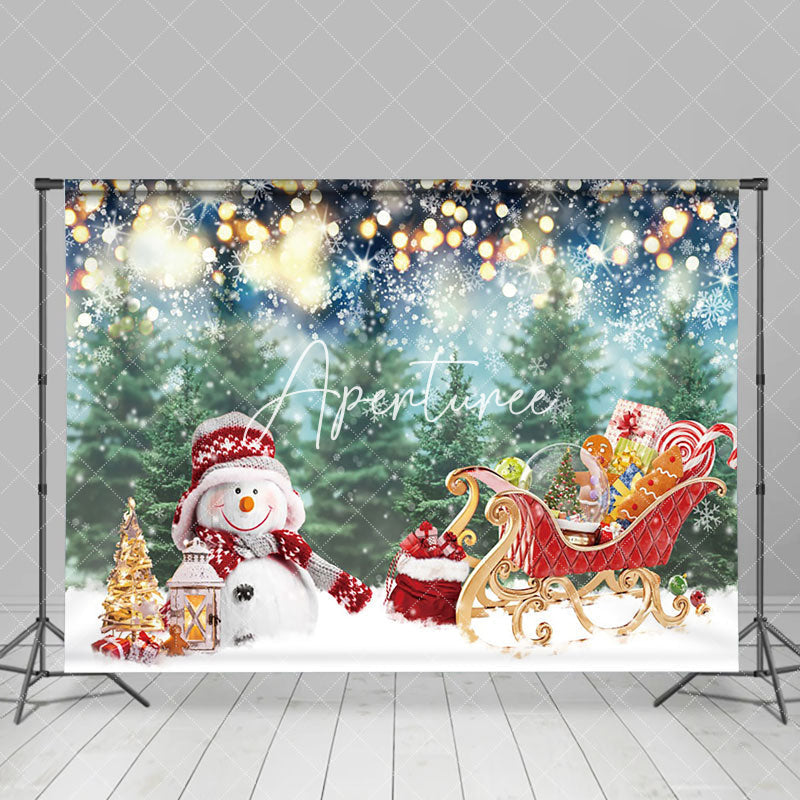 Aperturee - Aperturee Snowman With Gifts Carriage Pine Christmas Backdrop