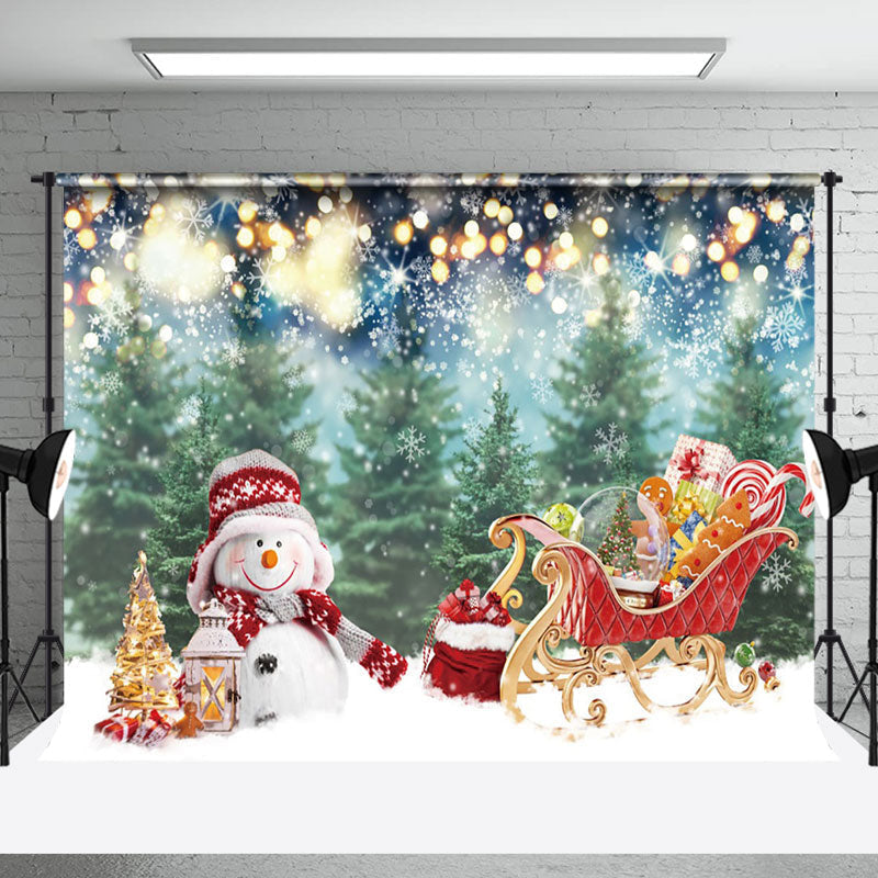 Aperturee - Aperturee Snowman With Gifts Carriage Pine Christmas Backdrop