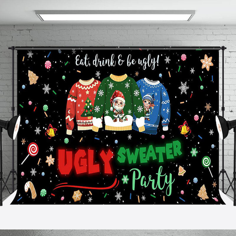 Aperturee - Aperturee Snowy Black Ugly Sweater Christmas Party Backdrop