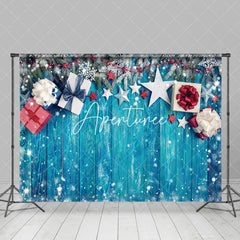 Aperturee - Aperturee Snowy Blue Wooden Gifts Pine Leaf Christmas Backdrop