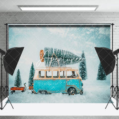 Aperturee - Aperturee Snowy Bus Moving Pine Winter Backdrop For Photo