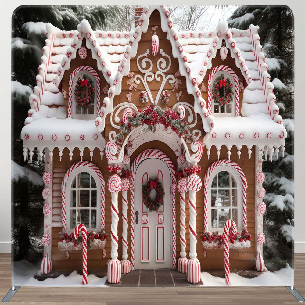 Aperturee - Aperturee Snowy Cake House Christmas Square Tension Backdrop