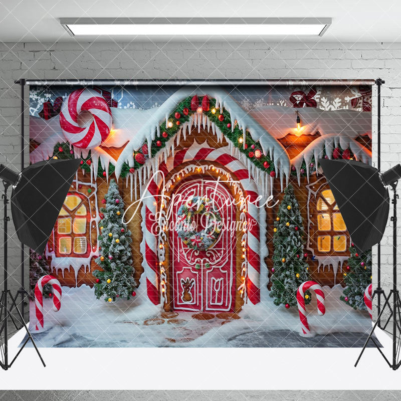 Aperturee - Aperturee Snowy Candy Gingerbread House Christmas Backdrop