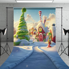 Aperturee - Aperturee Snowy Candyland Green Red House Christmas Backdrop