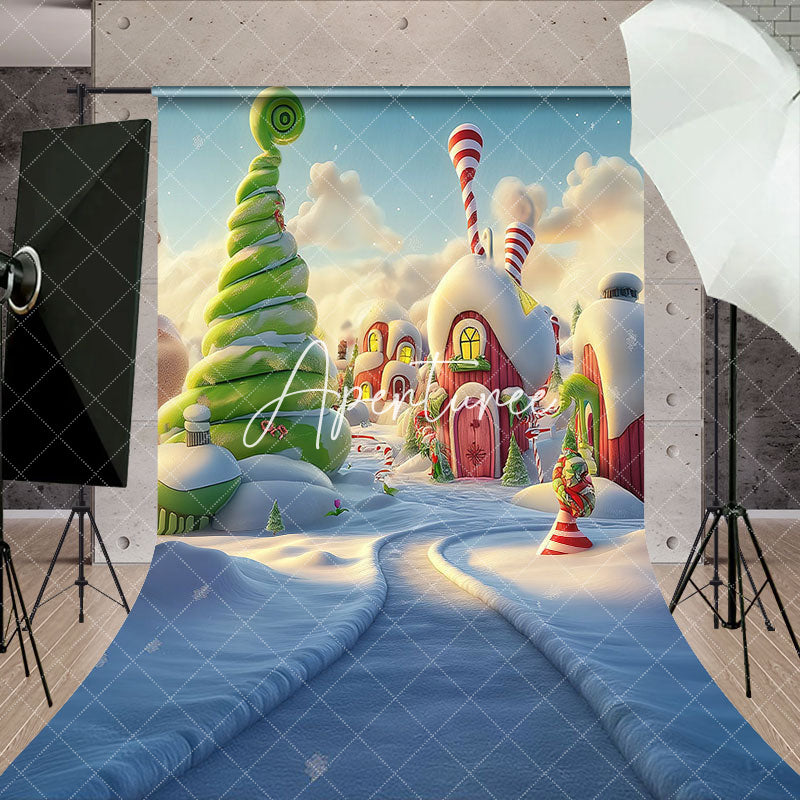 Aperturee - Aperturee Snowy Candyland Green Red House Christmas Backdrop