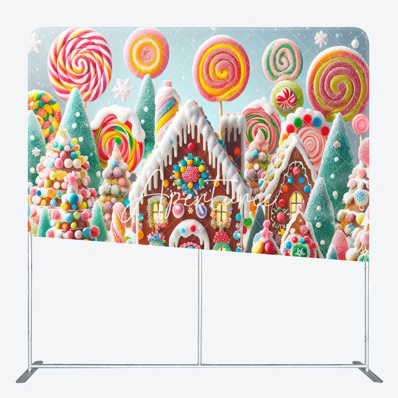 Aperturee - Aperturee Snowy Candyland House Square Arch Christmas Backdrop