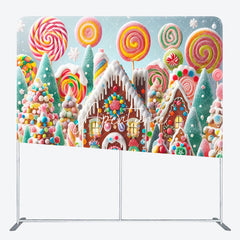 Aperturee - Aperturee Snowy Candyland House Square Arch Christmas Backdrop