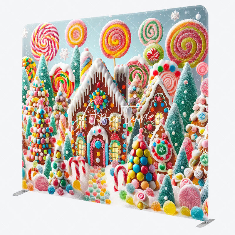 Aperturee - Aperturee Snowy Candyland House Square Arch Christmas Backdrop