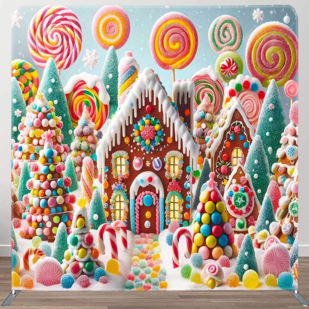 Aperturee - Aperturee Snowy Candyland House Square Arch Christmas Backdrop