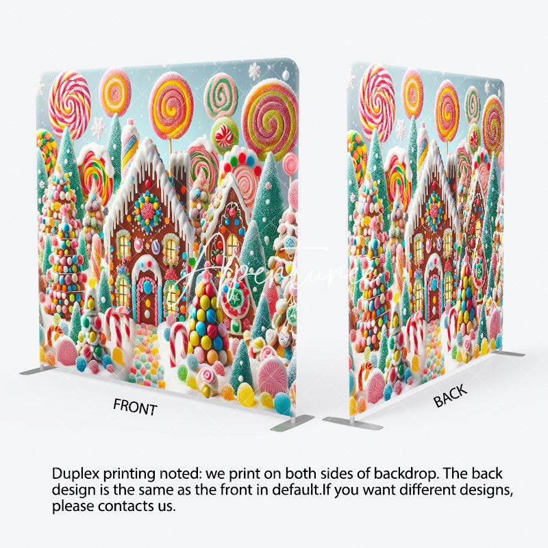 Aperturee - Aperturee Snowy Candyland House Square Arch Christmas Backdrop