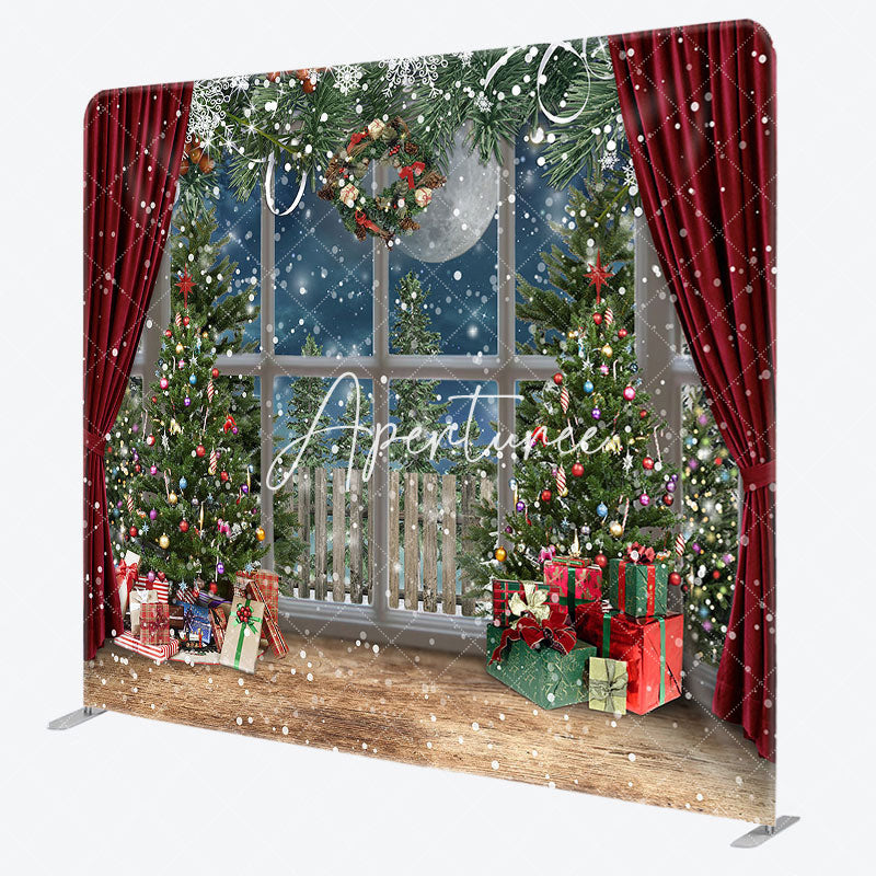 Aperturee - Aperturee Snowy Christmas Gifts Red Curtain Tension Fabric Backdrop