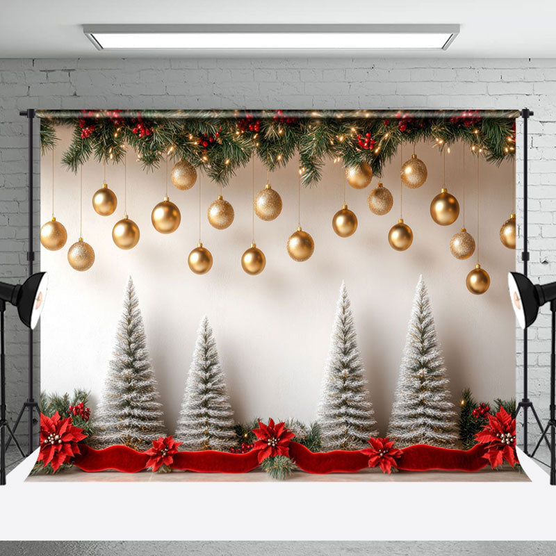 Aperturee - Aperturee Snowy Christmas Tree Gold Xmas Photography Backdrop