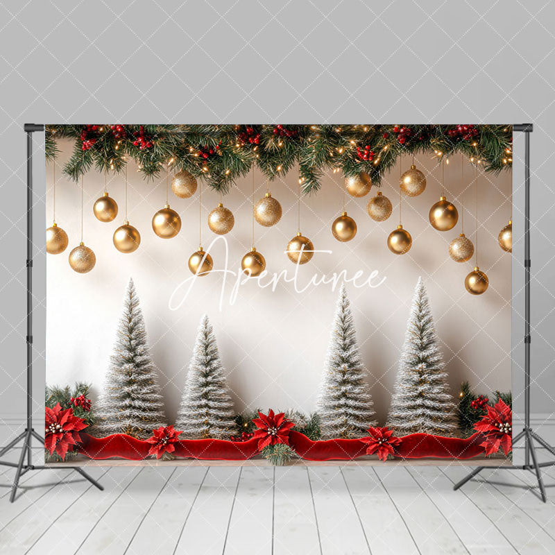 Aperturee - Aperturee Snowy Christmas Tree Gold Xmas Photography Backdrop