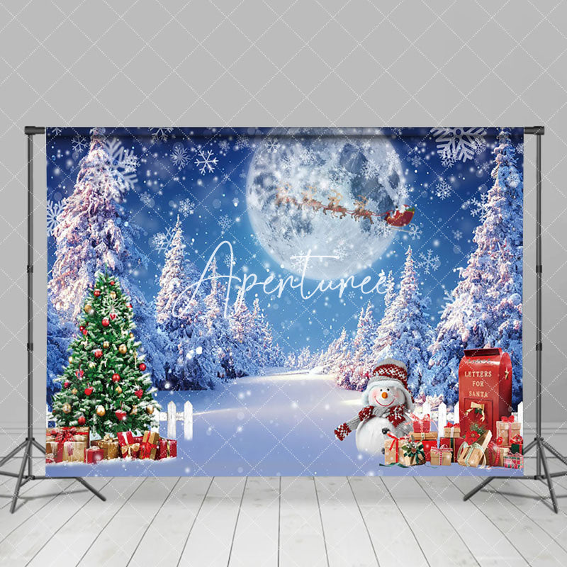 Aperturee - Aperturee Snowy Christmas Tree Night Full Moon Holiday Backdrop