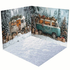 Aperturee - Aperturee Snowy Christmas Vibe Car Forest Room Set Backdrop