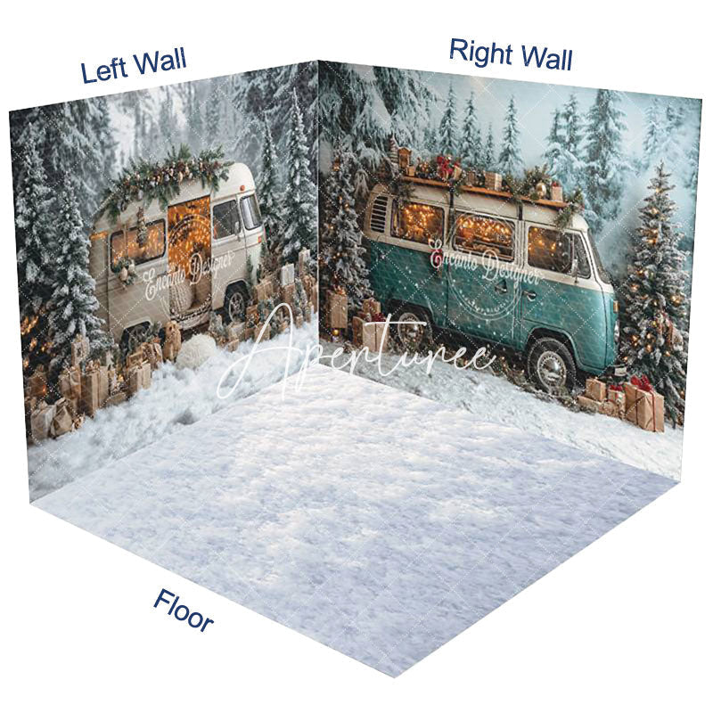 Aperturee - Aperturee Snowy Christmas Vibe Car Forest Room Set Backdrop