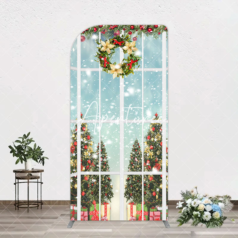 Aperturee - Aperturee Snowy Christmas Wreath Window Scene Arch Backdrop