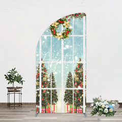 Aperturee - Aperturee Snowy Christmas Wreath Window Scene Arch Backdrop