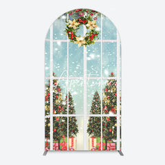 Aperturee - Aperturee Snowy Christmas Wreath Window Scene Arch Backdrop