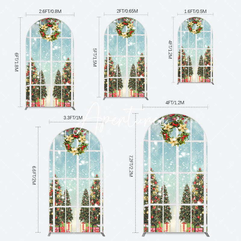 Aperturee - Aperturee Snowy Christmas Wreath Window Scene Arch Backdrop