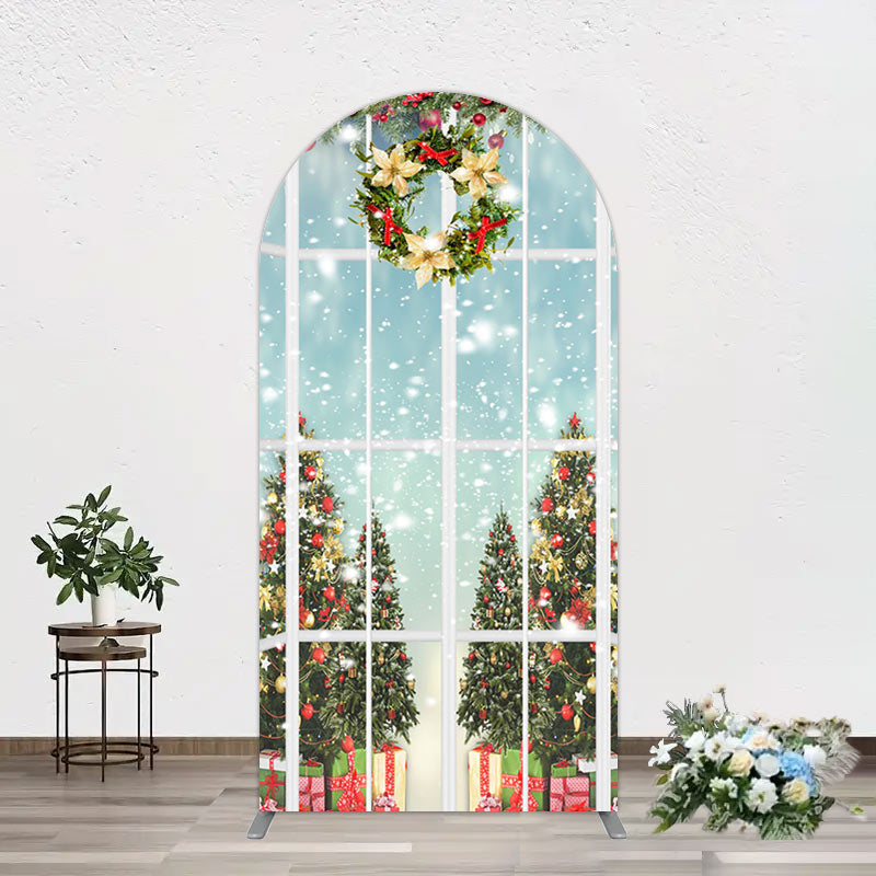 Aperturee - Aperturee Snowy Christmas Wreath Window Scene Arch Backdrop