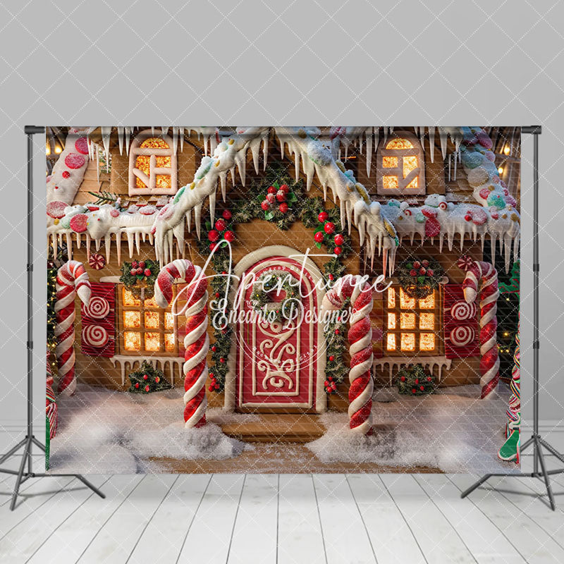 Aperturee - Aperturee Snowy Colorful Gingerbread House Christmas Backdrop