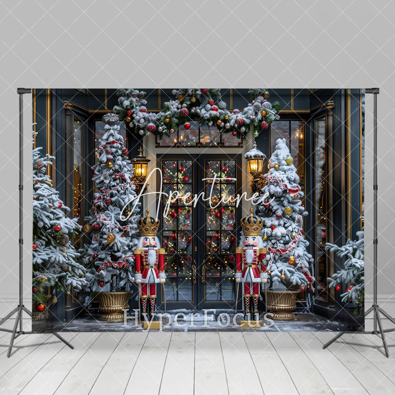 Aperturee - Aperturee Snowy Dark Navy Christmas Nutcracker Shop Backdrop