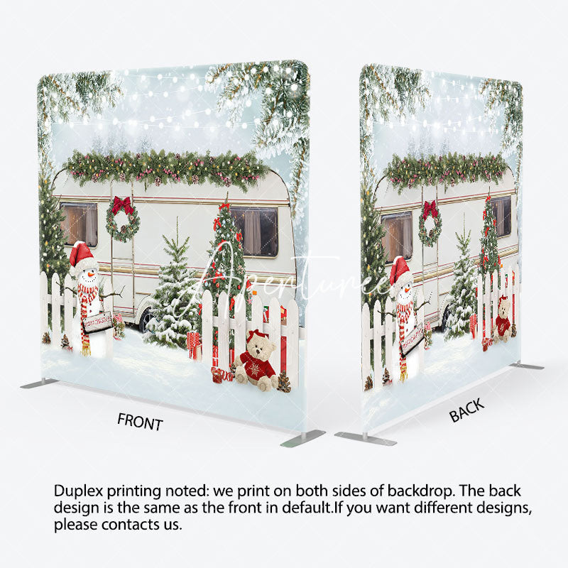 Aperturee - Aperturee Snowy Fence Bus Christmas Tension Fabric Backdrop