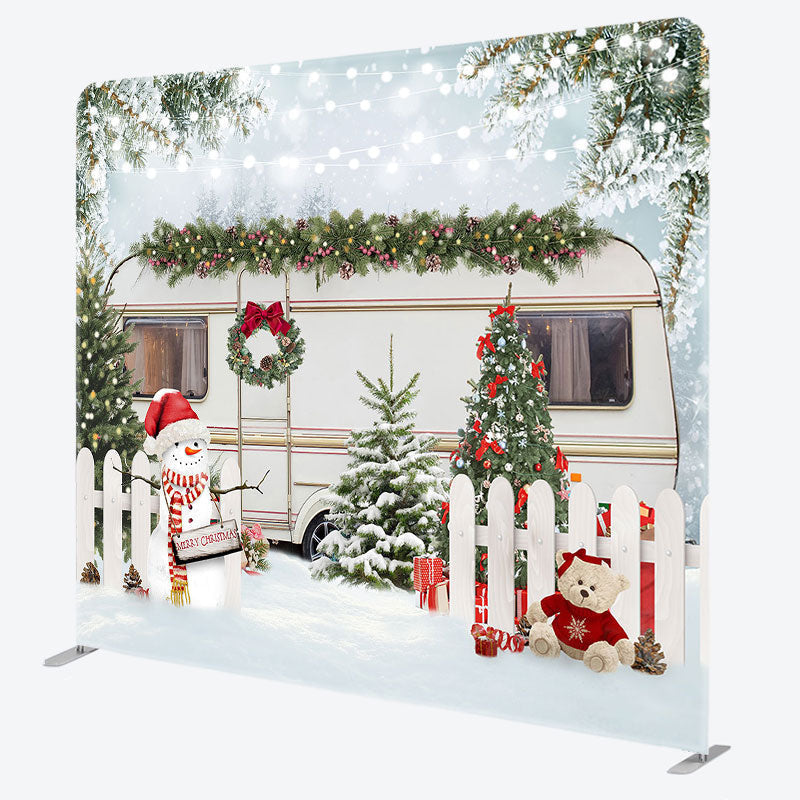 Aperturee - Aperturee Snowy Fence Bus Christmas Tension Fabric Backdrop