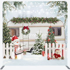 Aperturee - Aperturee Snowy Fence Bus Christmas Tension Fabric Backdrop