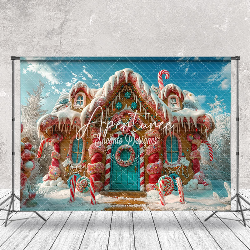 Aperturee - Aperturee Snowy Field Gingerbread House Christmas Backdrop